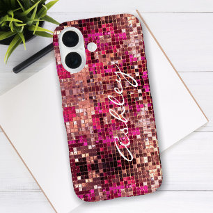 Coques iPhone 16 Nom de script blanc sur paillettes