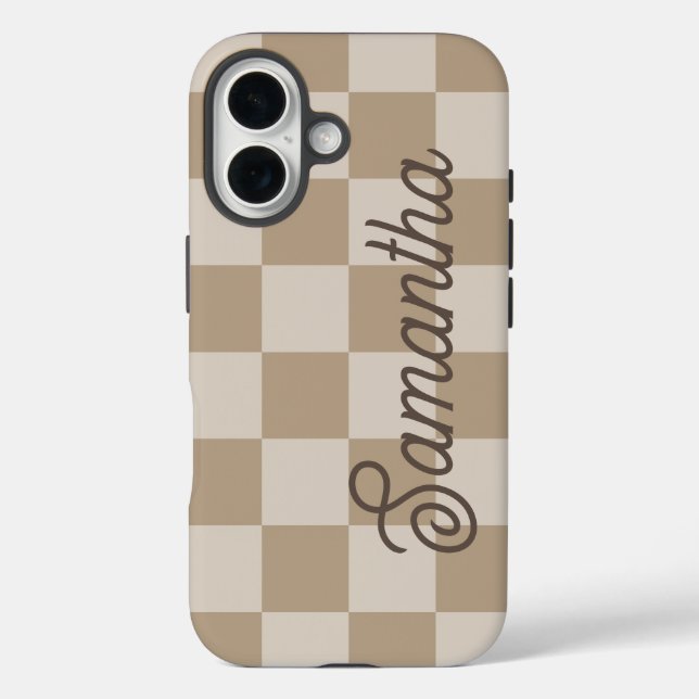 Coques Case-Mate iPhone Nom de script Taupe Beige Checkers (Verso)