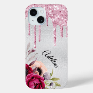 Coque Pour iPhone 15 Nom des fleurs de parties scintillant rose argent