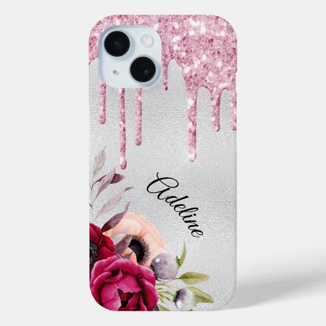 Coques Case-Mate iPhone Nom des fleurs de parties scintillant rose argent (Verso)