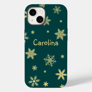 Coque Pour iPhone 14 nom des flocons de neige de couleur dorée turquois