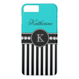 Coque iPhone 8 Plus/7 Plus Nom du monogramme Aqua Black Stried Motif