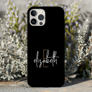Coques iPhone 16 Pro Nom du monogramme d'or noir moderne