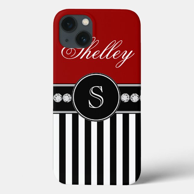 Coques Case-Mate iPhone Nom du monogramme Motif Red Black Stripes (Verso)