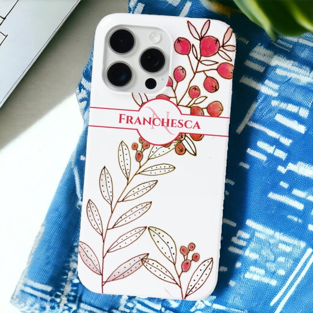 Coques Case-Mate iPhone Nom du monogramme personnalisé Feuilles Orange Ber (Easy to personalize with name and/or monogram initial. Sweet gift idea. )