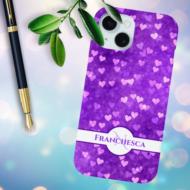 Coques Case-Mate iPhone Nom du monogramme personnalisé Purple Heart Bokeh  (iPhone case back with monogram and name template)