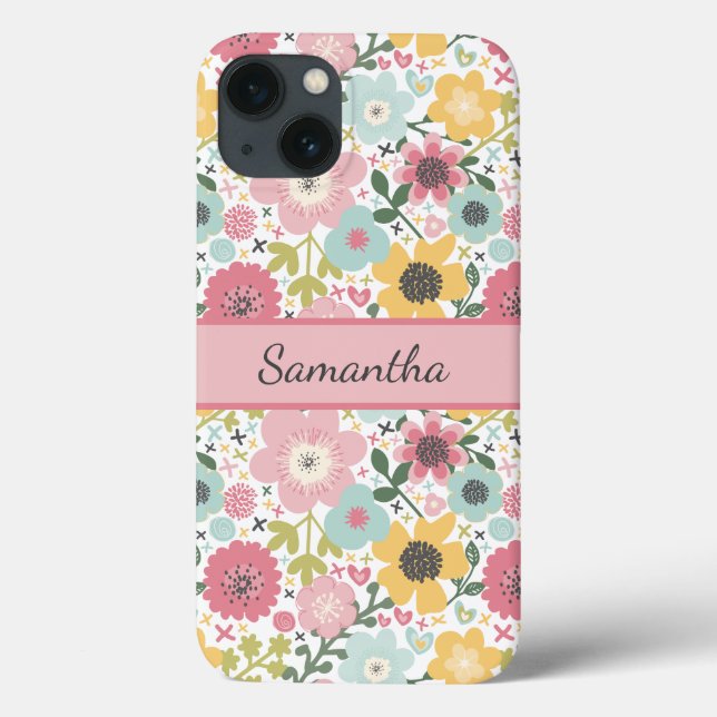 Coques Case-Mate iPhone Nom du monogramme Pink Yellow Blue Floral (Verso)