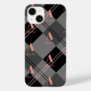 Coque Pour iPhone 14 Nom du monogramme Plaid Grey noir rose