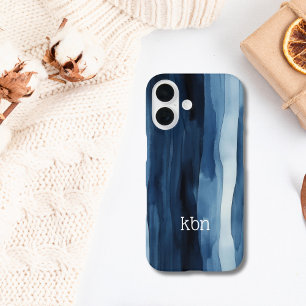Coques iPhone 16 Nom du monogramme Première bande d'aquarelle bleu 