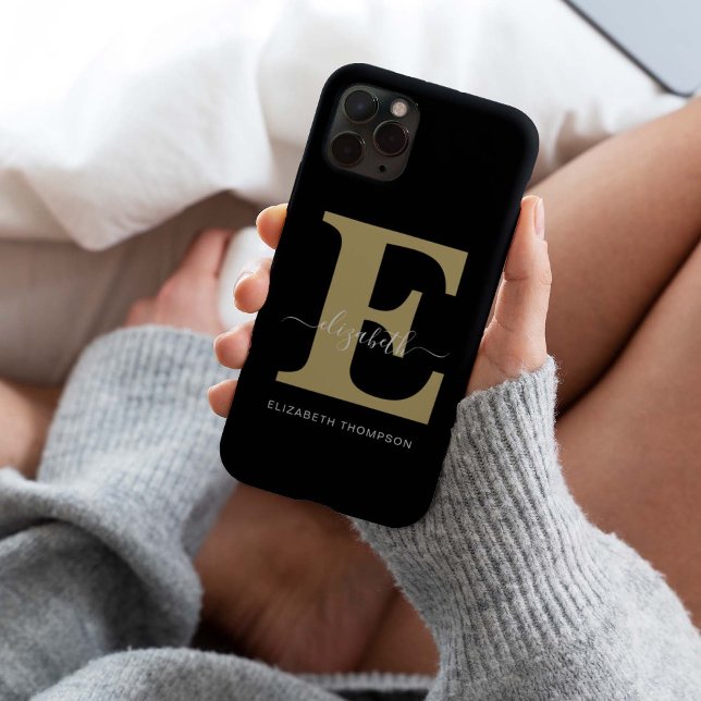 Coques Case-Mate iPhone Nom du script Customisé noir Monogram Gold (Créateur téléchargé)