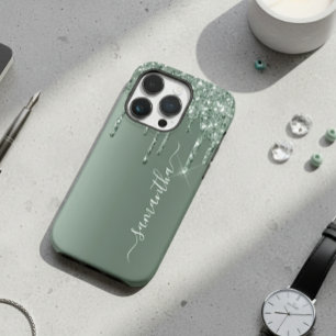 Coque Pour iPhone 14 Pro Nom écrit à la main Dark Green Metal Parties scint