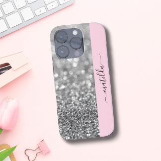 Coques iPhone 16 Pro Nom ÉDITABLE Parties scintillant Bokeh argent & bé