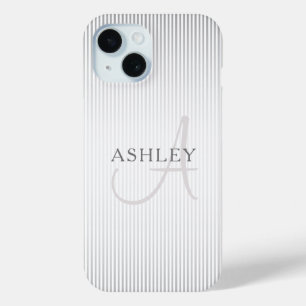 Coque Pour iPhone 15 Nom élégant Monogramme & fines rayures ombrées gri