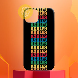Coques iPhone 16 Nom empilé rétro Motif Couleurs arc-en-ciel les an