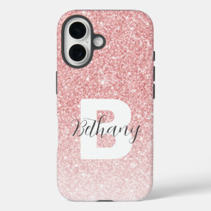 Coques iPhone 16 Nom en écriture monogramme avec paillettes rose gi