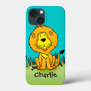 Etui iPhone 13 Mini Nom enfant lion aqua dessin animé jaune