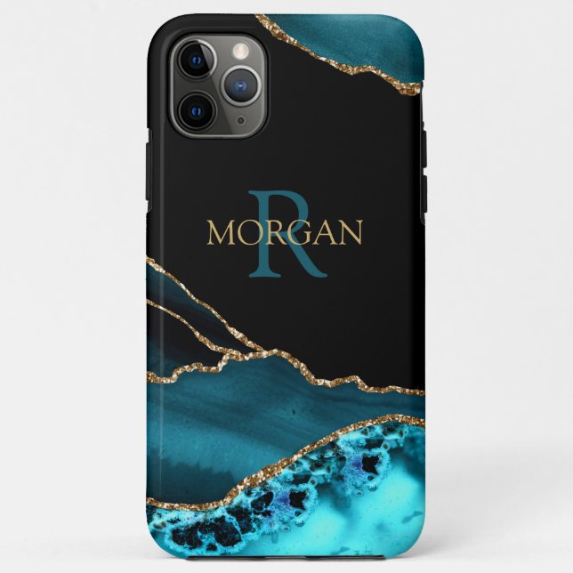 Coques Case-Mate iPhone Nom et monogramme Turquoise Agate noir, Gold DkTea (Dos)