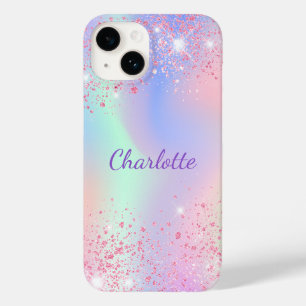 Coque Pour iPhone 14 Nom étincelant holographique rose violet