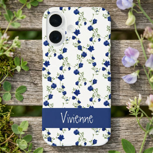 Coques iPhone 16 Nom Fleur Sauvage Aquarelle Bleu Cobalt Vert