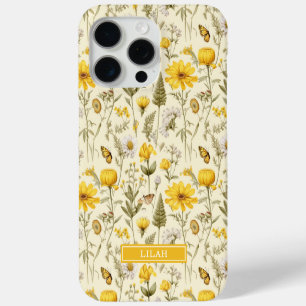 Coque iPhone 15 Pro Max Nom floral aquarelle botanique jaune