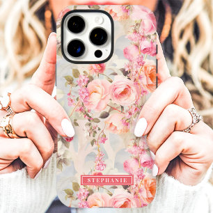 Coques iPhone 16 Pro Max Nom floral romantique pêche et rose