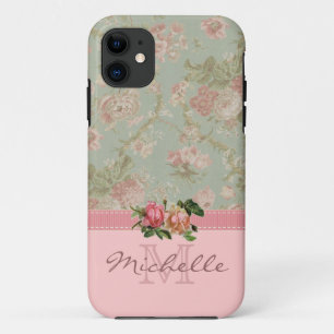 Coques Pour iPhone Nom floral rose et vert vintage élégant de