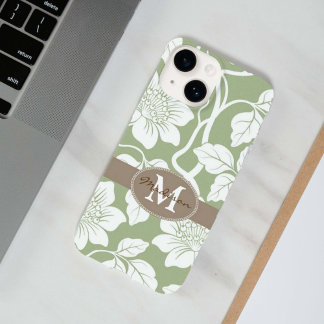Coque Pour iPhone 14 Nom floral vert et marron et initiale