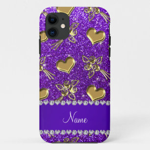 Coque Case-Mate Pour iPhone Nom indigo violet parties scintillant or rose coeu
