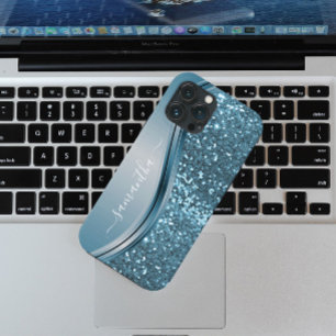Coque Pour iPhone 14 Plus Nom manuscrit Blue Metal Parties scintillant Look 