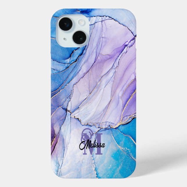 Coques Case-Mate iPhone Nom marbré bleu et violet moderne (Verso)