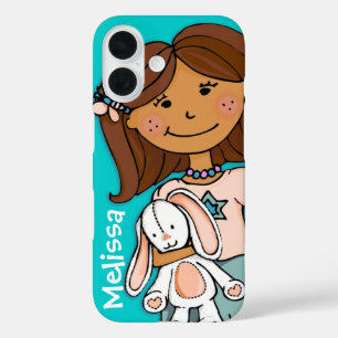 Coques iPhone 16 Nom mignonne fille aqua pêche cheveux foncé jouet