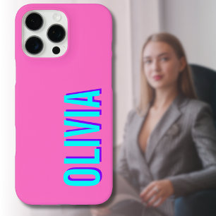 Coques iPhone 16 Pro Max Nom moderne Neon Blue 3D   Cool tendance rose