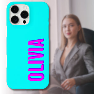 Coques iPhone 16 Pro Max Nom moderne Neon Hot Pink 3D Bleu Cool tendance