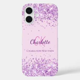 Coques iPhone 16 Nom monogramme de confetti rose pourpre