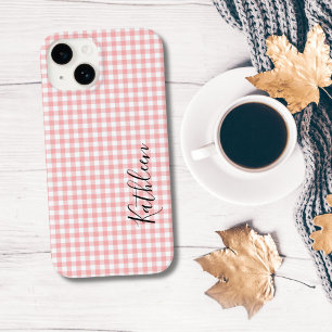 Coque Pour iPhone 14 Nom Monogramme Gingham Rose Blanc Carreaux