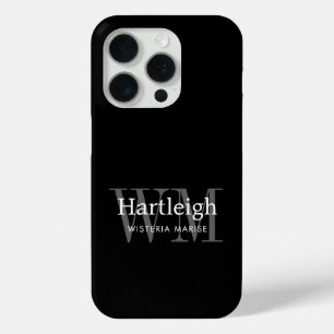 Coque iPhone 15 Pro Nom Monogramme Moderne Noir Gris Blanc