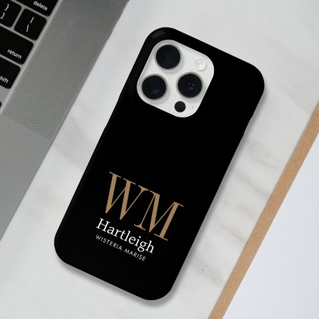 Coques Case-Mate iPhone Nom Monogramme Moderne Noir Or Blanc (Créateur téléchargé)