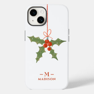Coque Pour iPhone 14 Nom Monogramme Noël Holly Floral Hiver