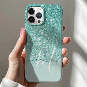Case-Mate iPhone Case Nom Monogramme Pailleté Turquoise Féminin