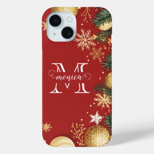 Coque Pour iPhone 15 Nom Monogramme Personnalisé Or Rouge Noël Séparé