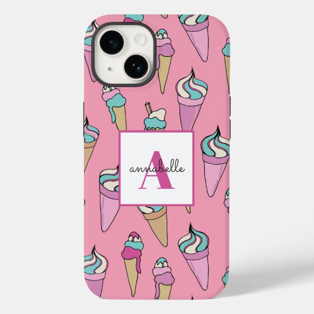 Coques Case-Mate iPhone Nom monogramme Pink Ice Cream Cone motif (Verso)