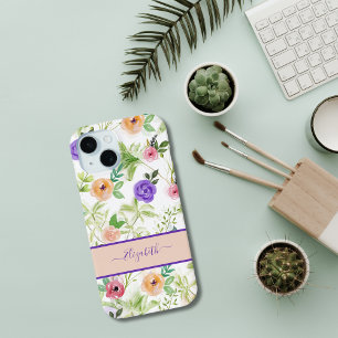 Coque Pour iPhone 15 Nom Monogramme Rose Violet Pêche Aquarelle Floral