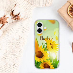 Coques iPhone 16 Nom Monogramme Tournesols Jaune Vert Floral