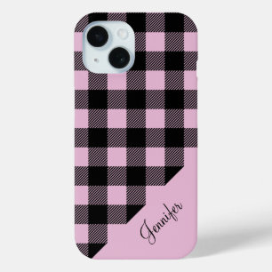 Coque Pour iPhone 15 Nom Motif de chèque rose moderne