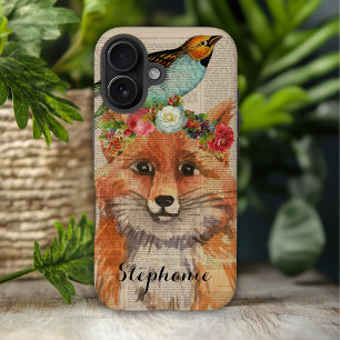 Coques iPhone 16 Nom personnalisé Amis Floraux Renard Aquarelle