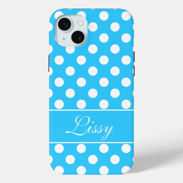Coques Case-Mate iPhone Nom personnalisé, Belle couleur bleue Pois blancs (Verso)