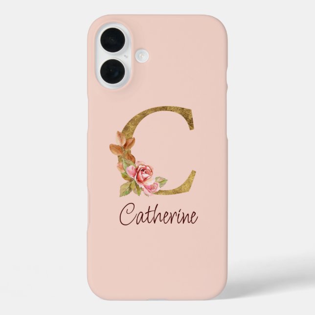 Coques Case-Mate iPhone Nom personnalisé Blush Roses Rose lettre C en feui (Verso)