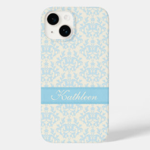 Coque Pour iPhone 14 Nom personnalisé damask bleu clair & crème
