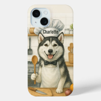 Coque Pour iPhone 15 Nom personnalisé Drôle de Chef Chien Husky Sibérie