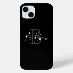 Coque iPhone 15 Mini Nom personnalisé du monogramme d'argent noir